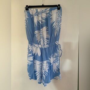 Blue and White Leaf Print Women's strapless romper
